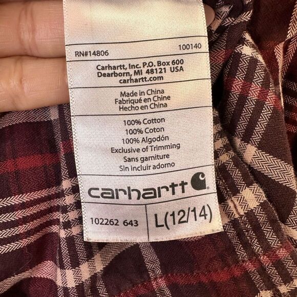 CARHARTT Plaid Flannel Shirt Long Sleeves Button Front Women's size L 12-14 - Picture 9 of 9